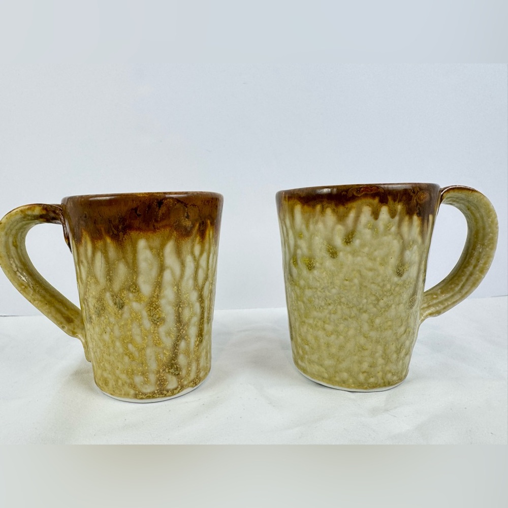 Vintage Pigeon River Pottery Mugs Stoneware Signed Set Brown Tan Drip Glaze Euc
